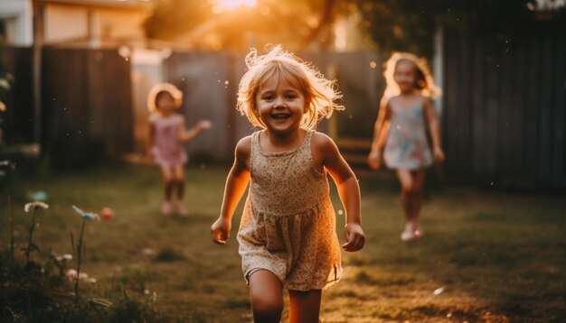 Smiling girls running carefree in nature meadow generated by AI