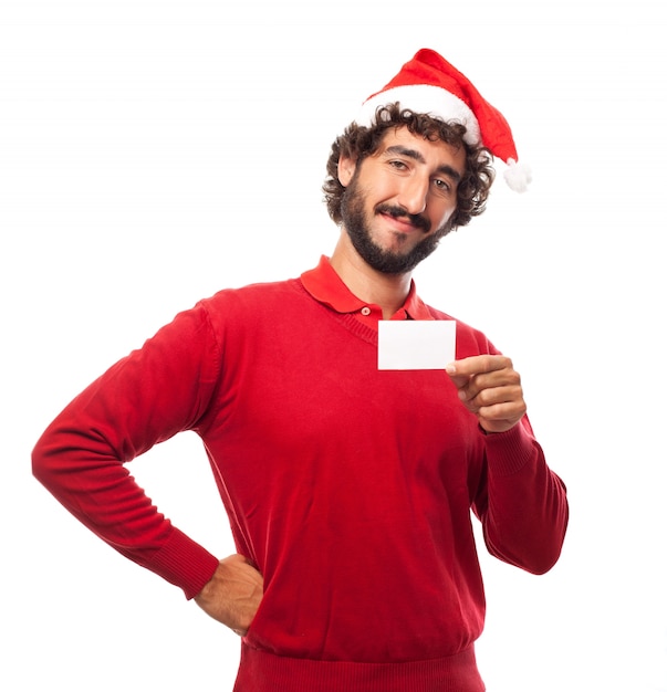 Smiling man holding an empty card