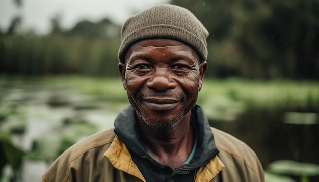 Smiling men in nature looking at camera generated by AI