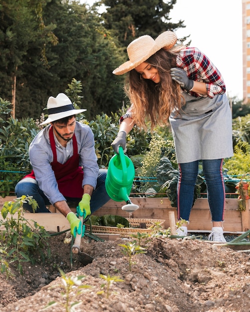 Smiling portrait of a woman watering the plants and male worker digging the soil with hoe