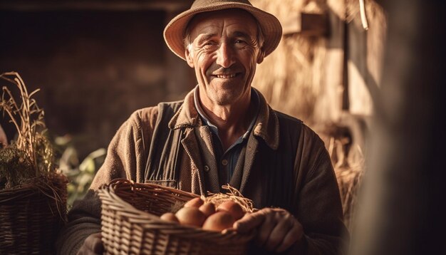 Smiling senior farmer holding fruit basket outdoors generated by AI