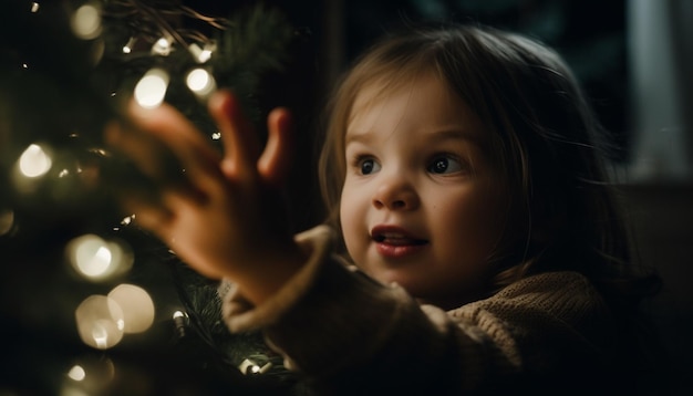 Smiling toddler holds Christmas gift surrounded by family generated by AI