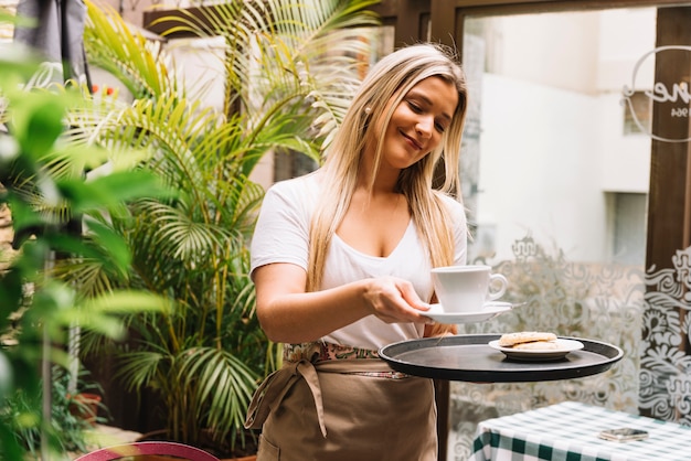 Smiling waitress serving order