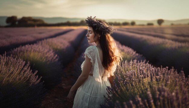 Smiling women enjoy beauty in nature meadow generated by AI