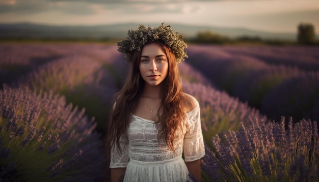 Smiling women hold scented bouquet in meadow generated by AI