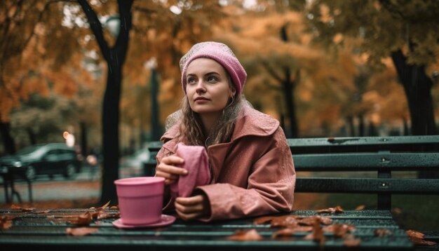 Smiling young adult women enjoy hot drinks generated by AI