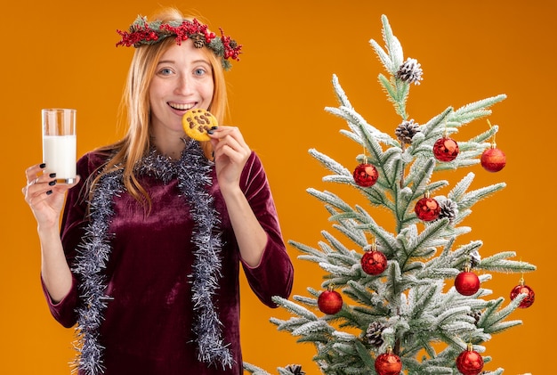 Smiling young beautiful girl standing nearby christmas tree wearing red dress and wreath with garland on neck holding glass of milk and trying cookies isolated on orange background