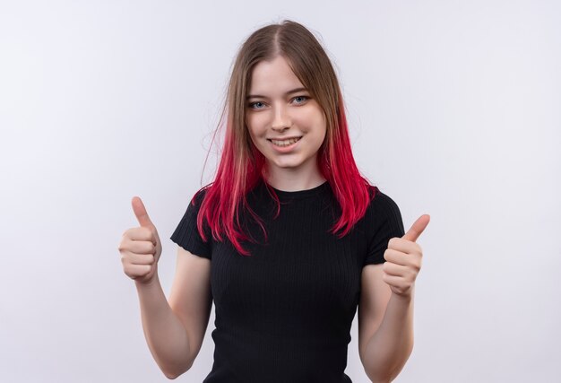 Smiling young beautiful girl wearing black t-shirt her thumbs up on isolated white background