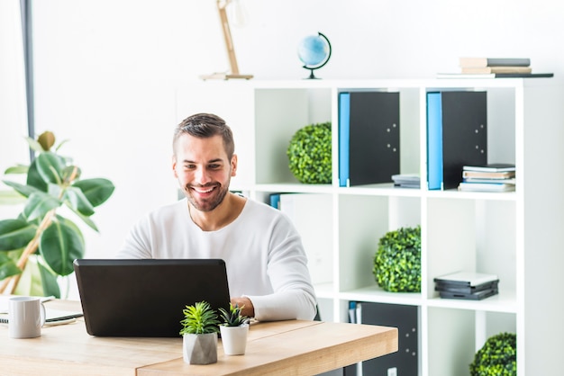 Free photo smiling young businessman using laptop in office