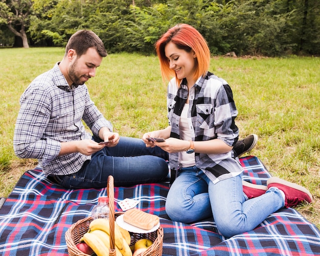 Smiling young couple playing cards on picnic in the park