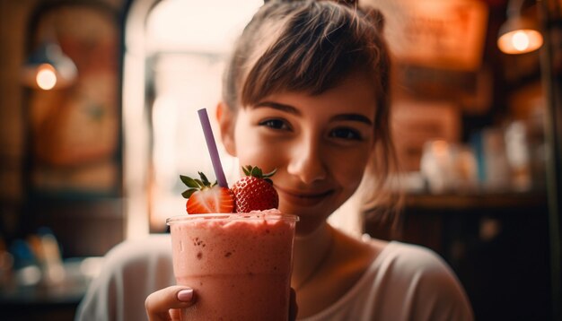 Smiling young woman enjoying fresh milkshake indoors generated by AI