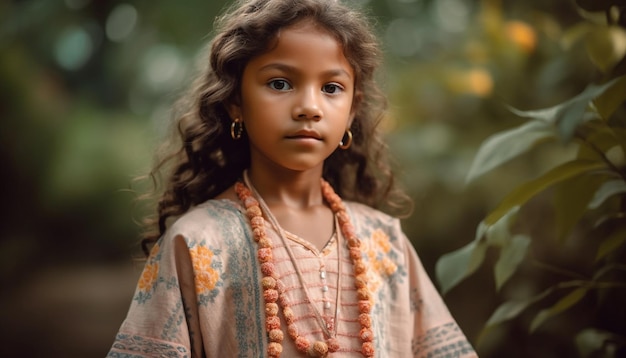 Smiling young woman in traditional dress outdoors generated by AI