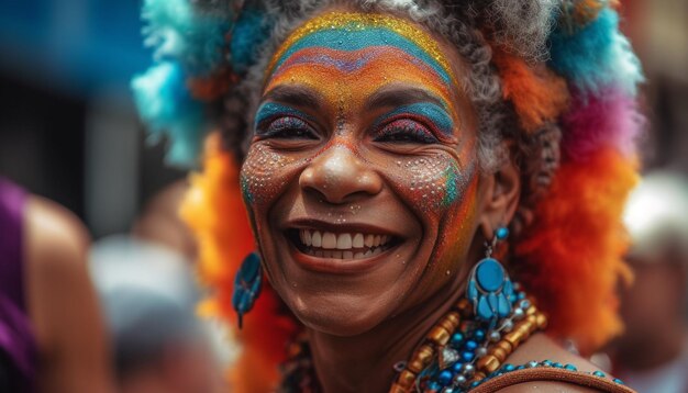 Smiling young women in traditional clothing dance joyfully generative AI