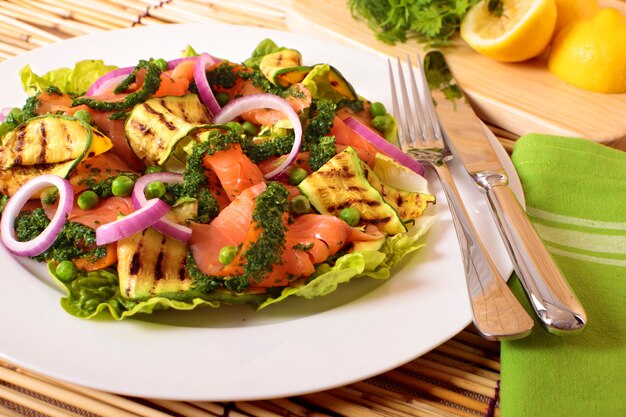 Smoked salmon salad on the mat