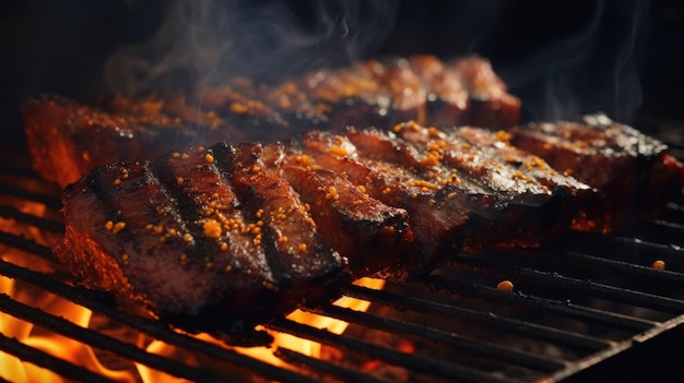 Free Photo smoky ribs sizzle over open flame on grill