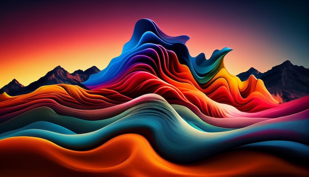 Smooth waves flow over abstract mountain landscape backdrop generated by AI