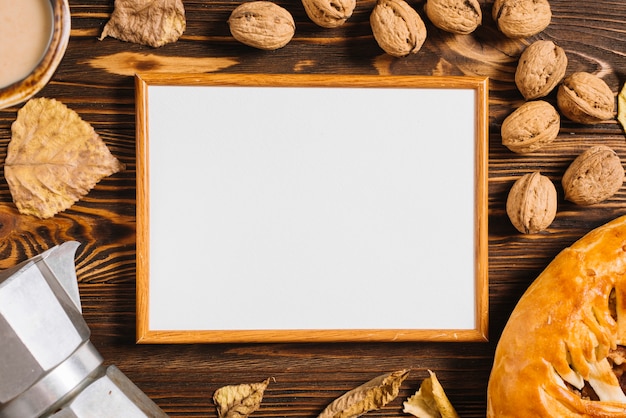 Snacks and leaves around frame