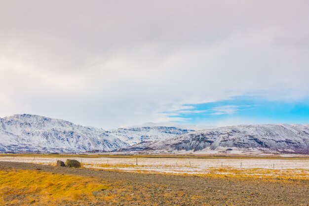 Snow covered mountain Iceland winter season .