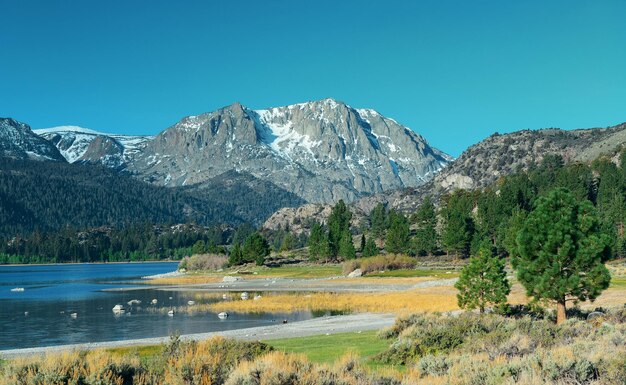 Snow mountain and lake with reflections in Yosemite.