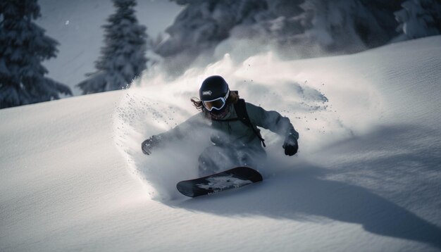 Snowboarder flying through powder snow in mountains generated by AI