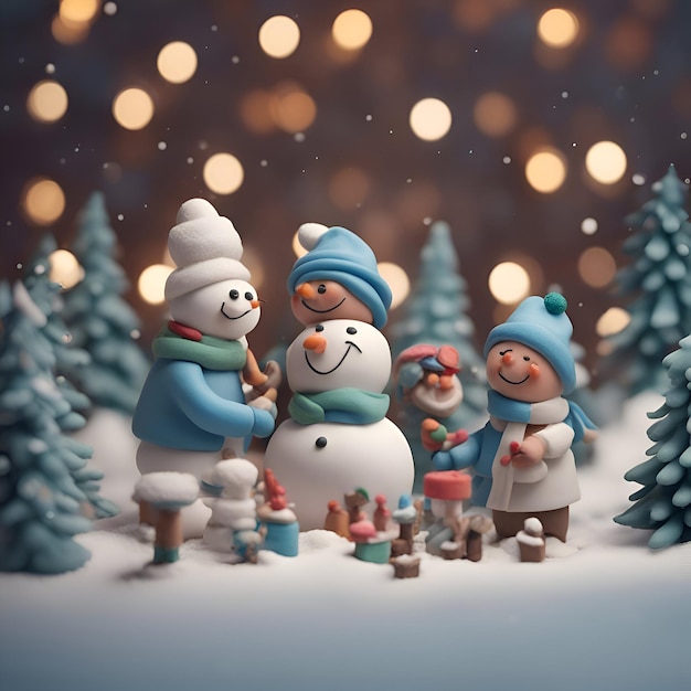 Free photo snowman family in winter forest christmas and new year concept