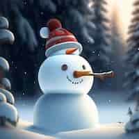 Free photo a snowman with a red hat and a red hat is in a snowy forest.