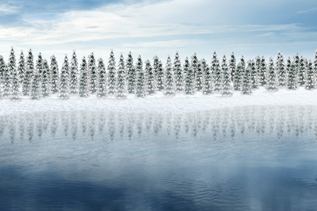 Free photo snowy fir trees at the edge of the lake with blue sky background