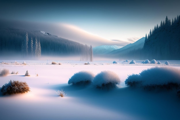 A snowy landscape with a mountain in the background