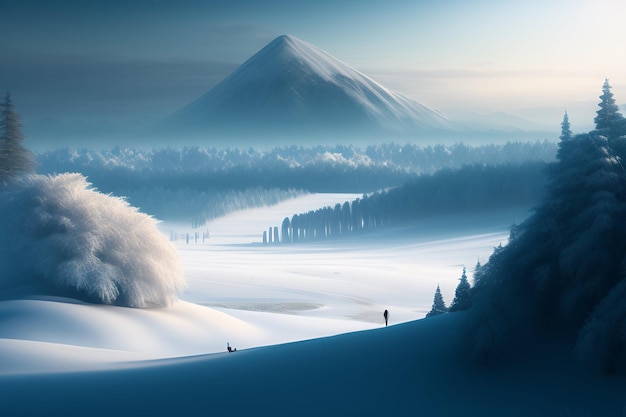 Free photo a snowy landscape with a mountain in the background