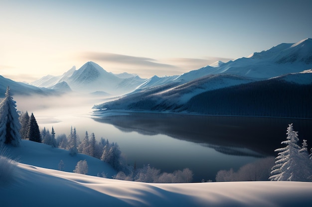 Free photo a snowy landscape with mountains and trees in the foreground.