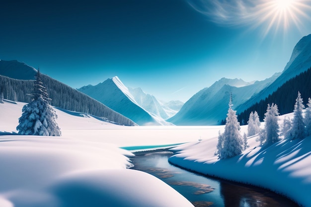 Free photo a snowy landscape with a river and mountains in the background