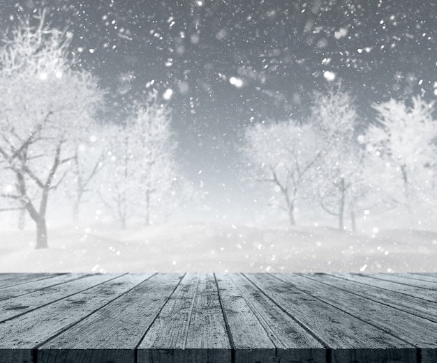 Free photo snowy landscape behind a wooden table