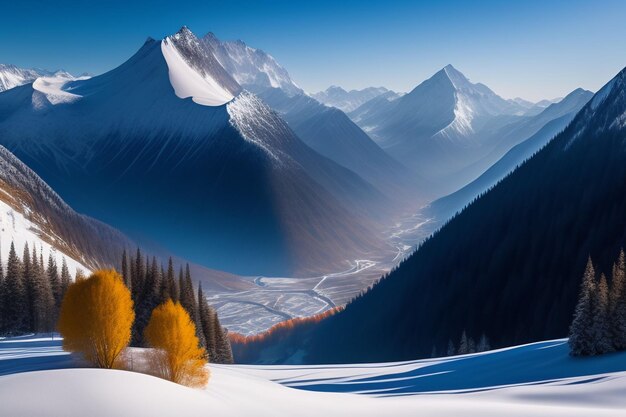 A snowy mountain landscape with a mountain and a blue sky