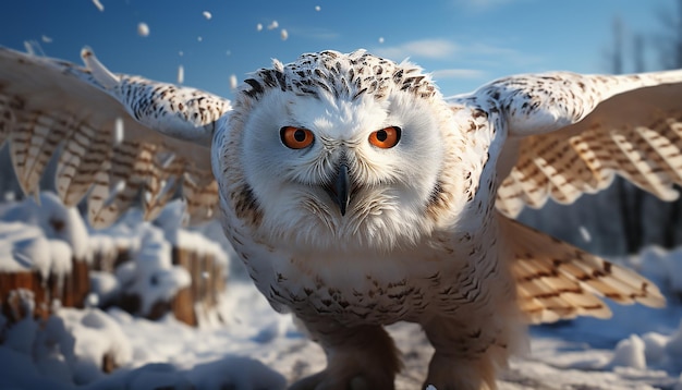 Free Photo snowy owl flying in the winter staring with yellow eyes generated by ai