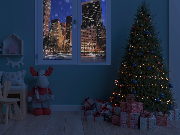 Snowy window with christmas interior decor