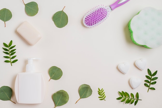 Soap; hairbrush; dispenser bottle and green leaves on white backdrop