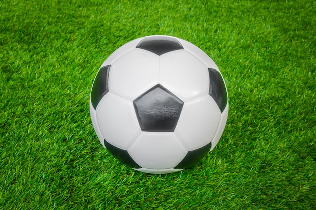 Soccer ball on green grass .