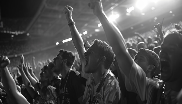 Free photo soccer fans cheering team monochrome