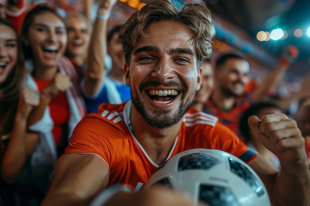 Soccer fans cheering their team in the stadium