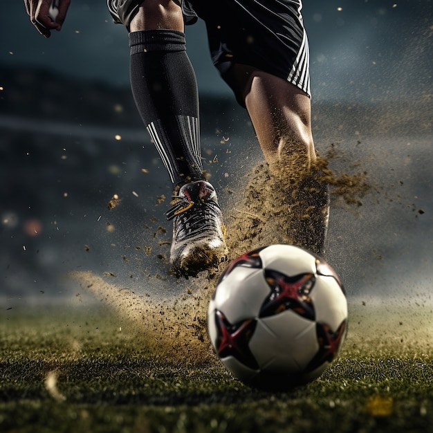 Free photo soccer player with ball on grass field