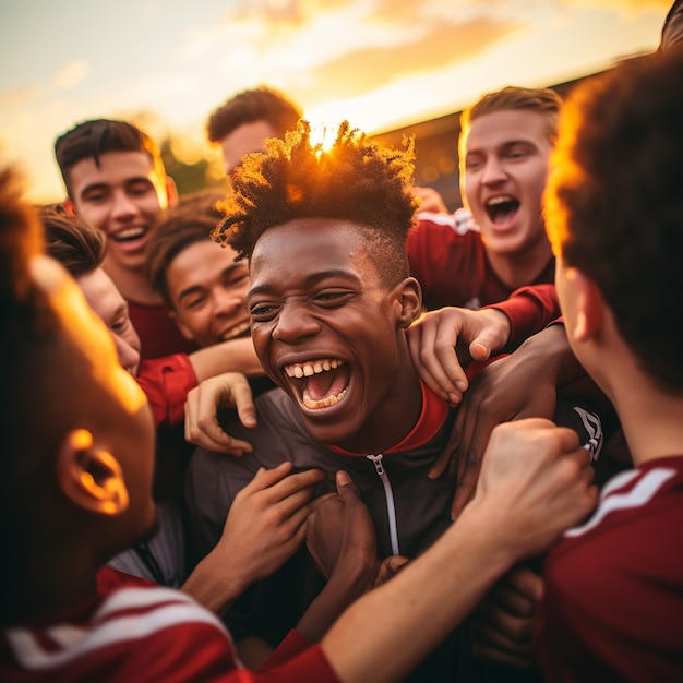 Soccer players huddling and celebrating victory together