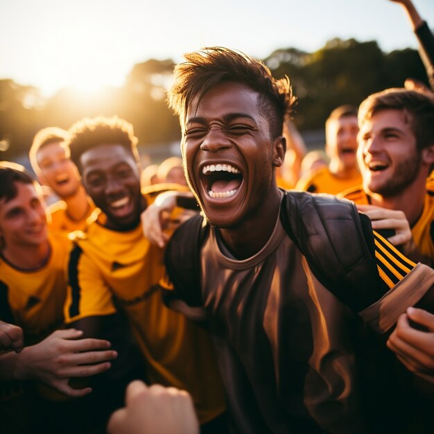 Soccer players huddling and celebrating victory together