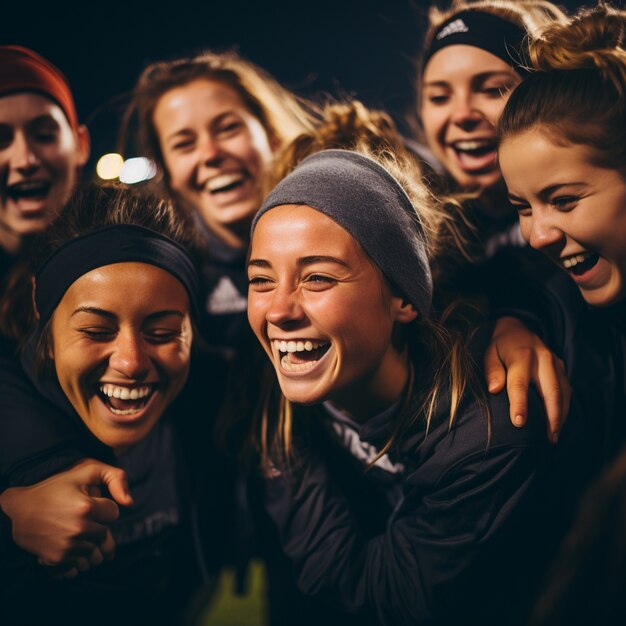 Soccer players huddling and celebrating victory together