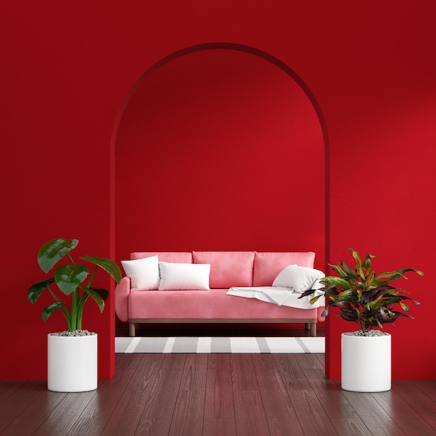 Free Photo sofa in red living room with copy space for mock up