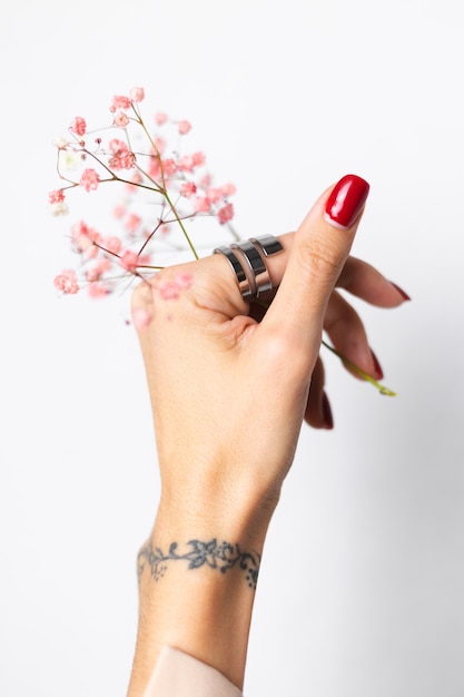 Soft gentle photo of woman hand with big ring red manicure hold cute little pink dried flowers on white.