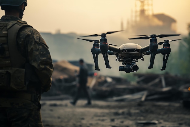 Free Photo a soldier pilots a drone