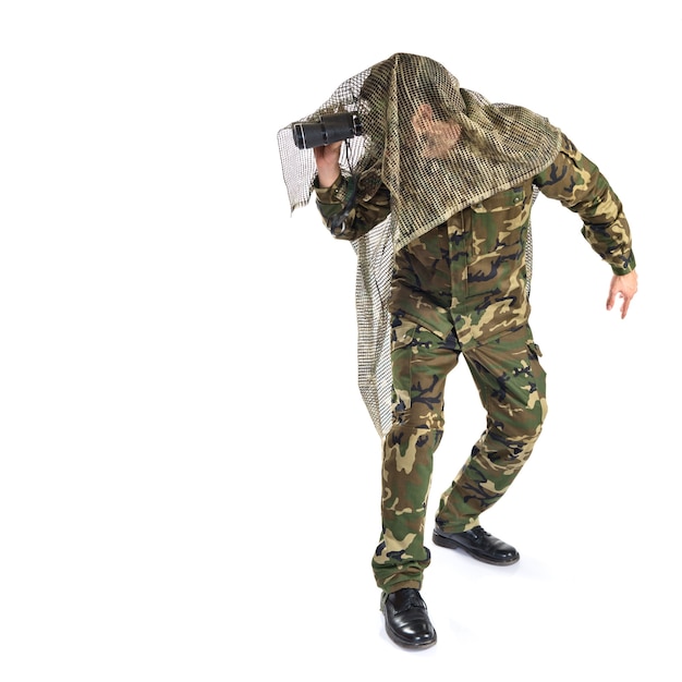 Soldier with binoculars over white background