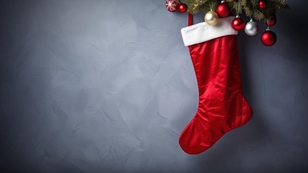 Free photo a solitary christmas stocking hanging against a plain wall ready for personalized holiday messages