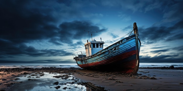 Free photo a solitary ship on dry land under a stormy sky