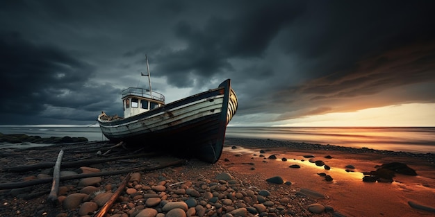 Free photo a solitary ship on dry land under a stormy sky